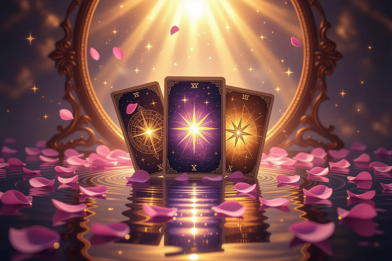 恋愛タロットカードと自己変容を表す神秘的な鏡の画像