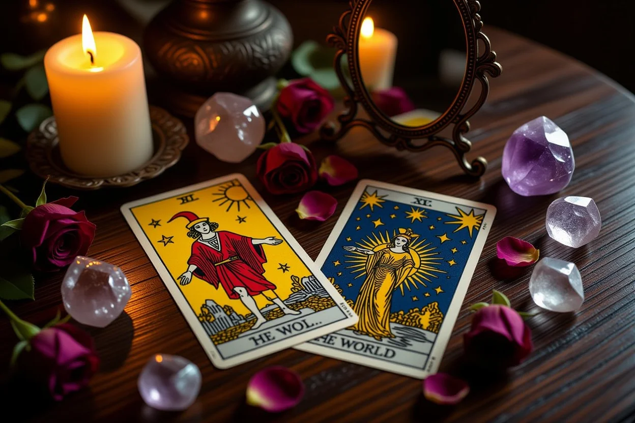 愚者から世界へのタロット変容の旅を表すカードスプレッド