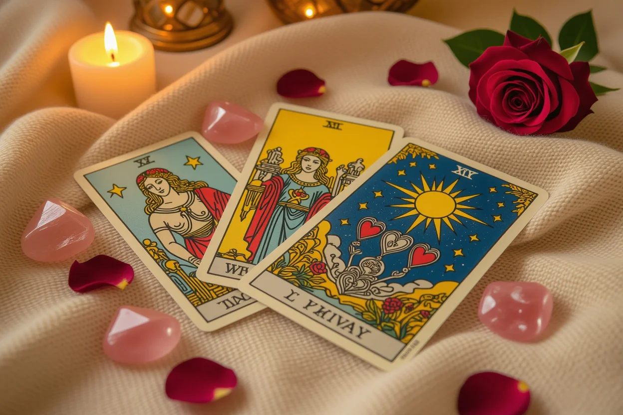 恋愛タロットカード占いのスプレッド、ローズクォーツと薔薇の花びらに囲まれた神秘的な雰囲気