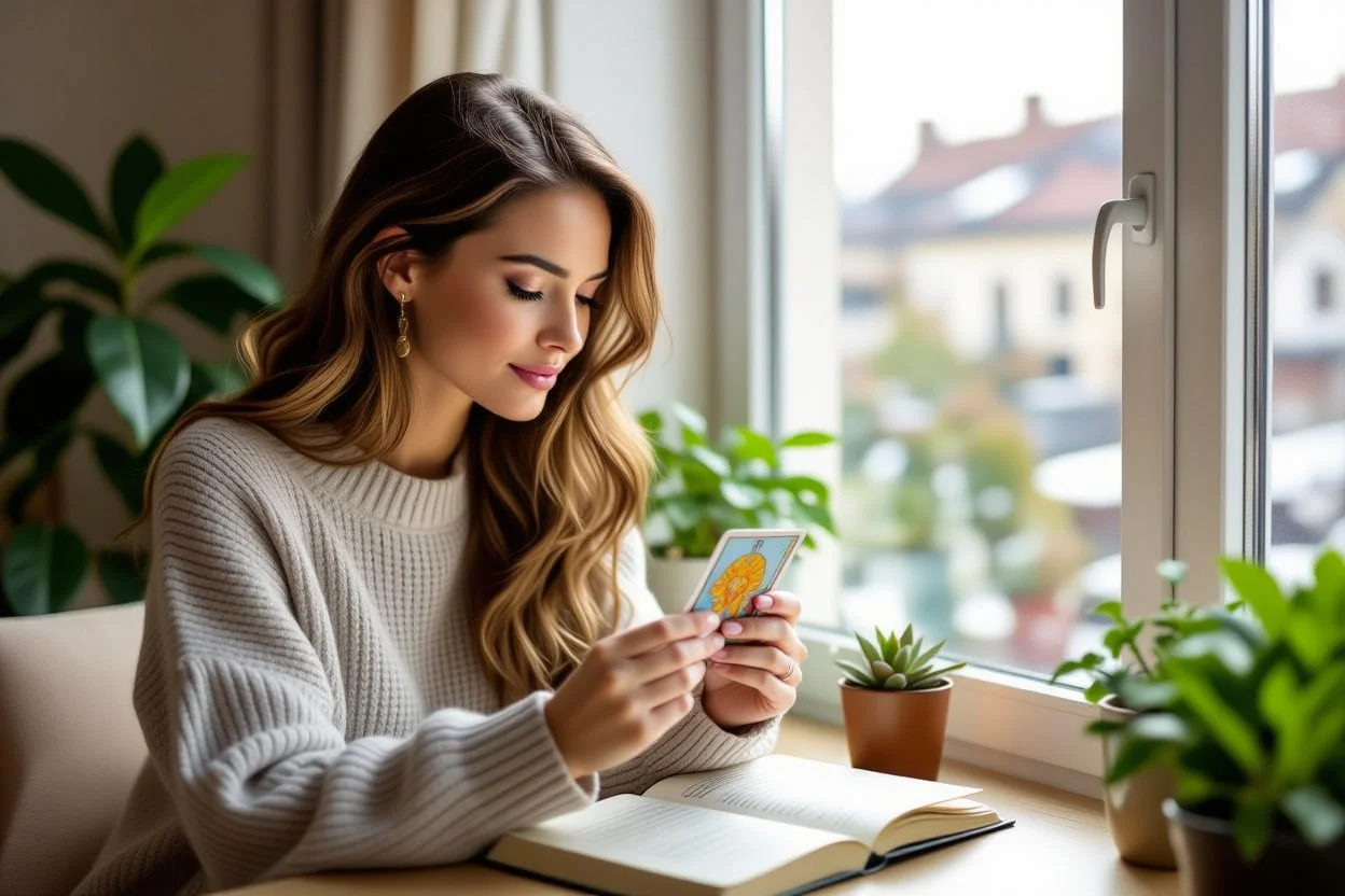 タロットカードで自己成長を図る大人の女性、内省的で現実的な恋愛アプローチのイメージ