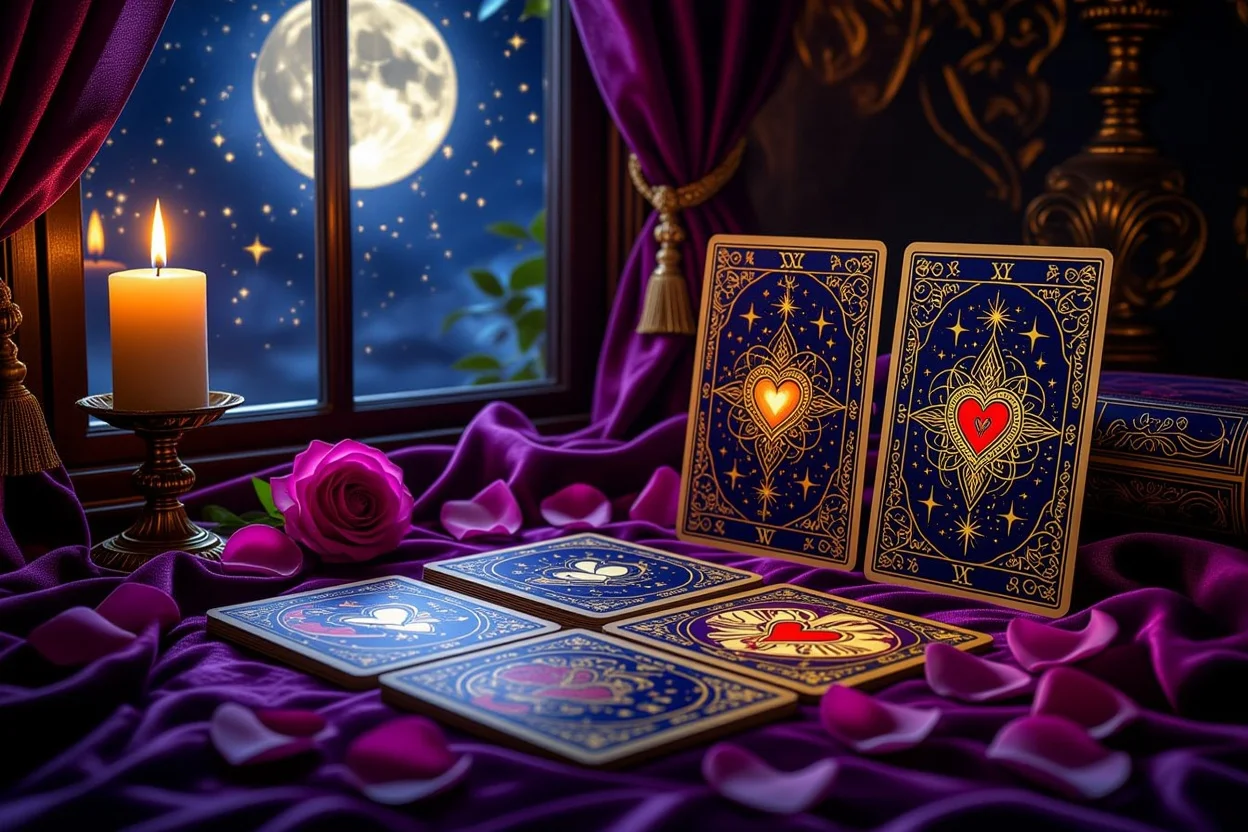 恋愛タロット占いの神秘的なシーン、キャンドルライトとバラの花びらで演出