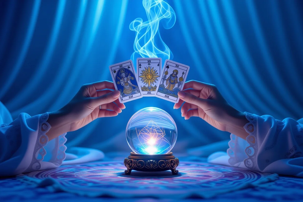 深層心理を読み解くタロット占い、水晶玉と神秘的な光の演出
