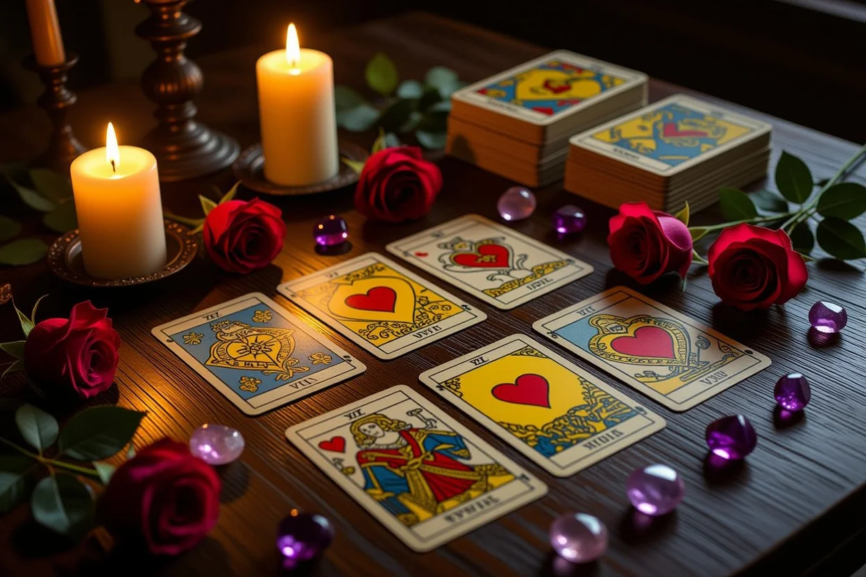 恋愛タロットカードの光と影を表現した神秘的なリーディングシーン