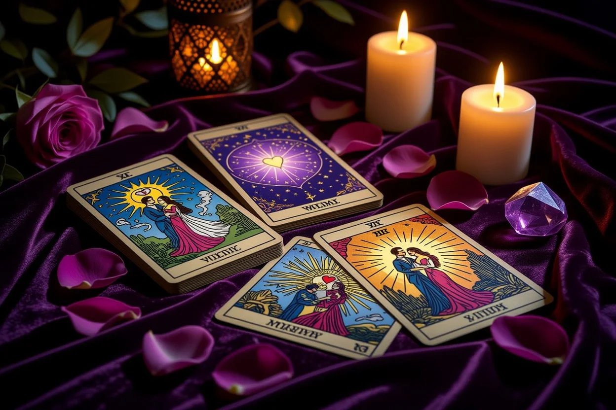 恋愛タロット占いの神秘的なシーン、キャンドルライトに照らされたカードと影