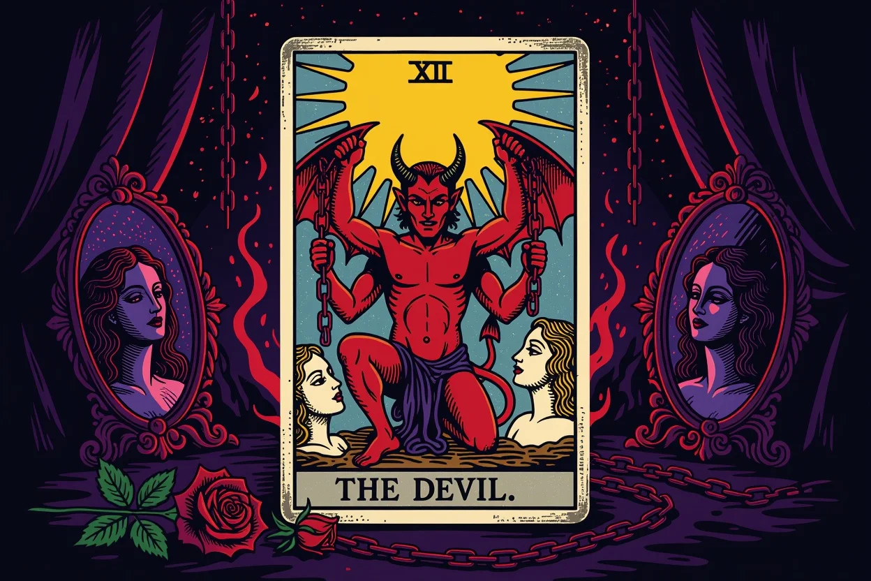 悪魔のタロットカードと恋愛の影の側面を表す神秘的なイメージ