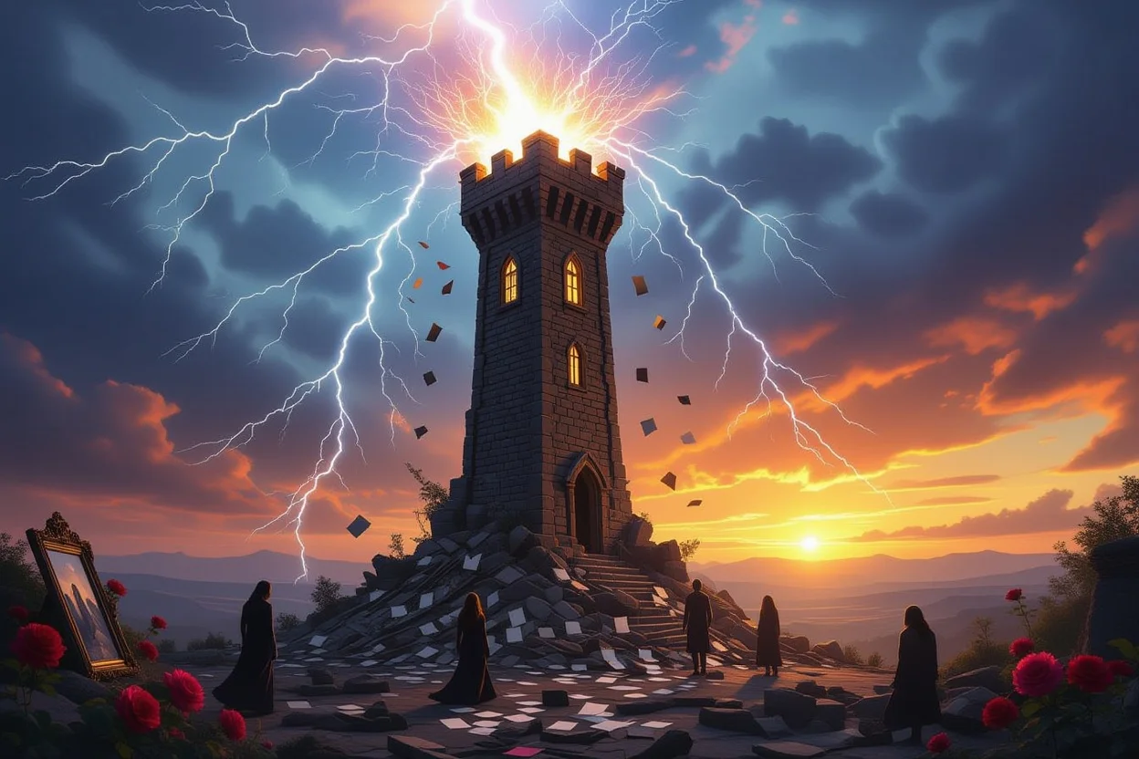 塔のタロットカードと恋愛関係の変化・破壊・再生を表すイメージ