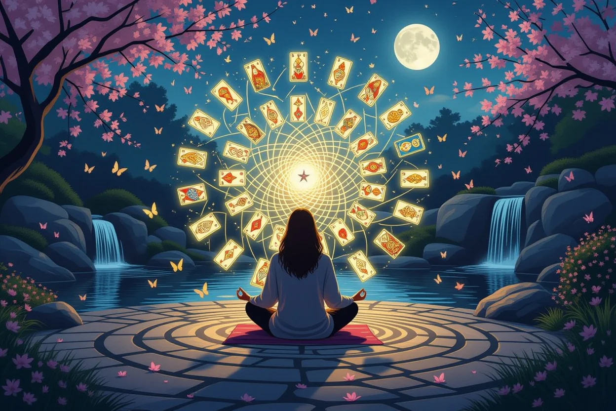 タロットを通じた自己成長と内面探求を表す平和で神秘的なイメージ