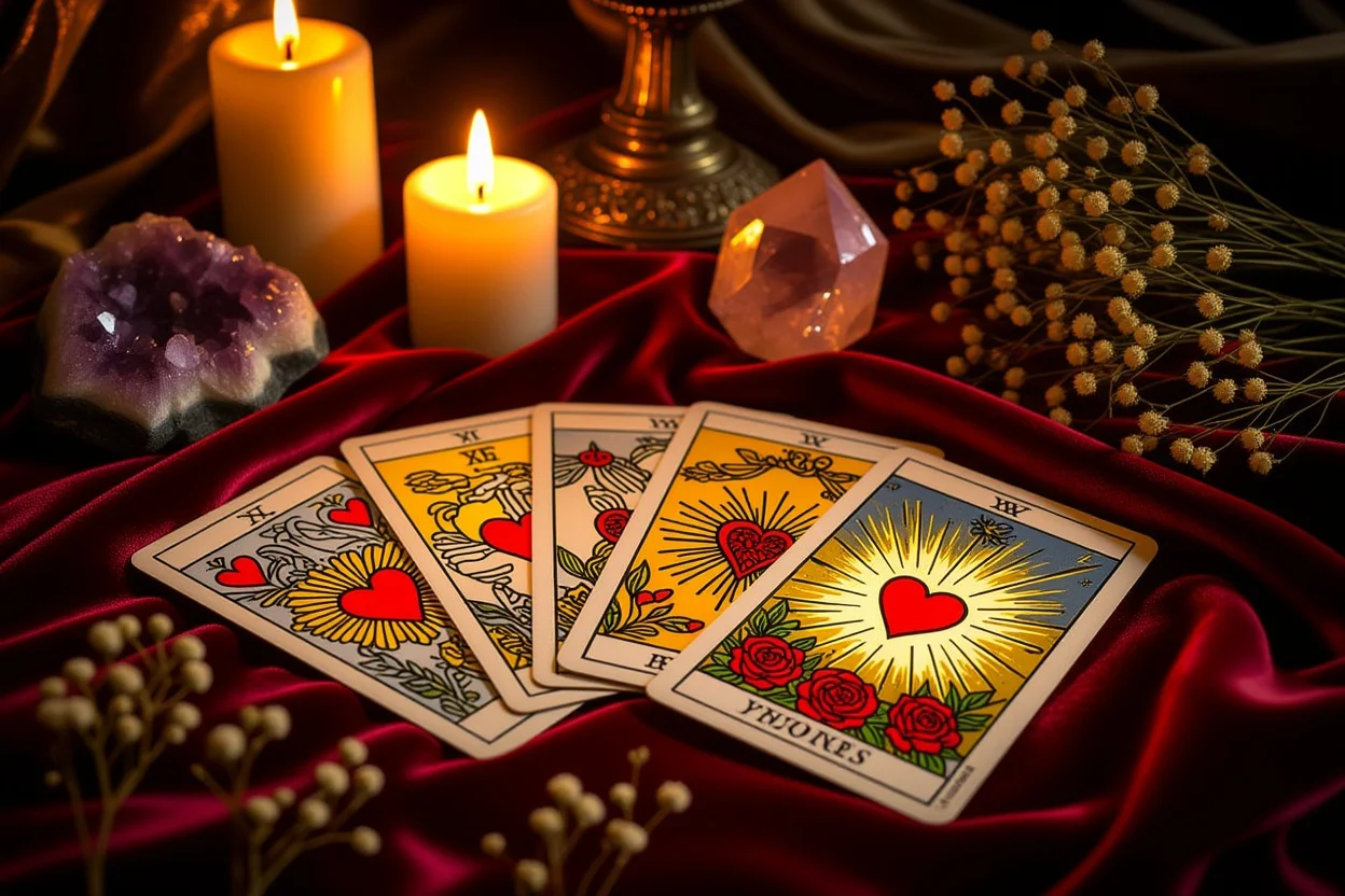 恋愛タロットカードと神秘的な雰囲気の占いテーブル