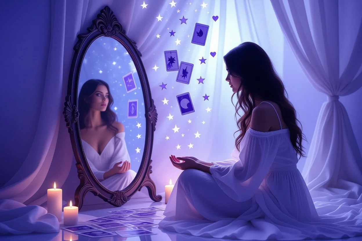 自分自身を見つめ直す女性とタロットカードの鏡像