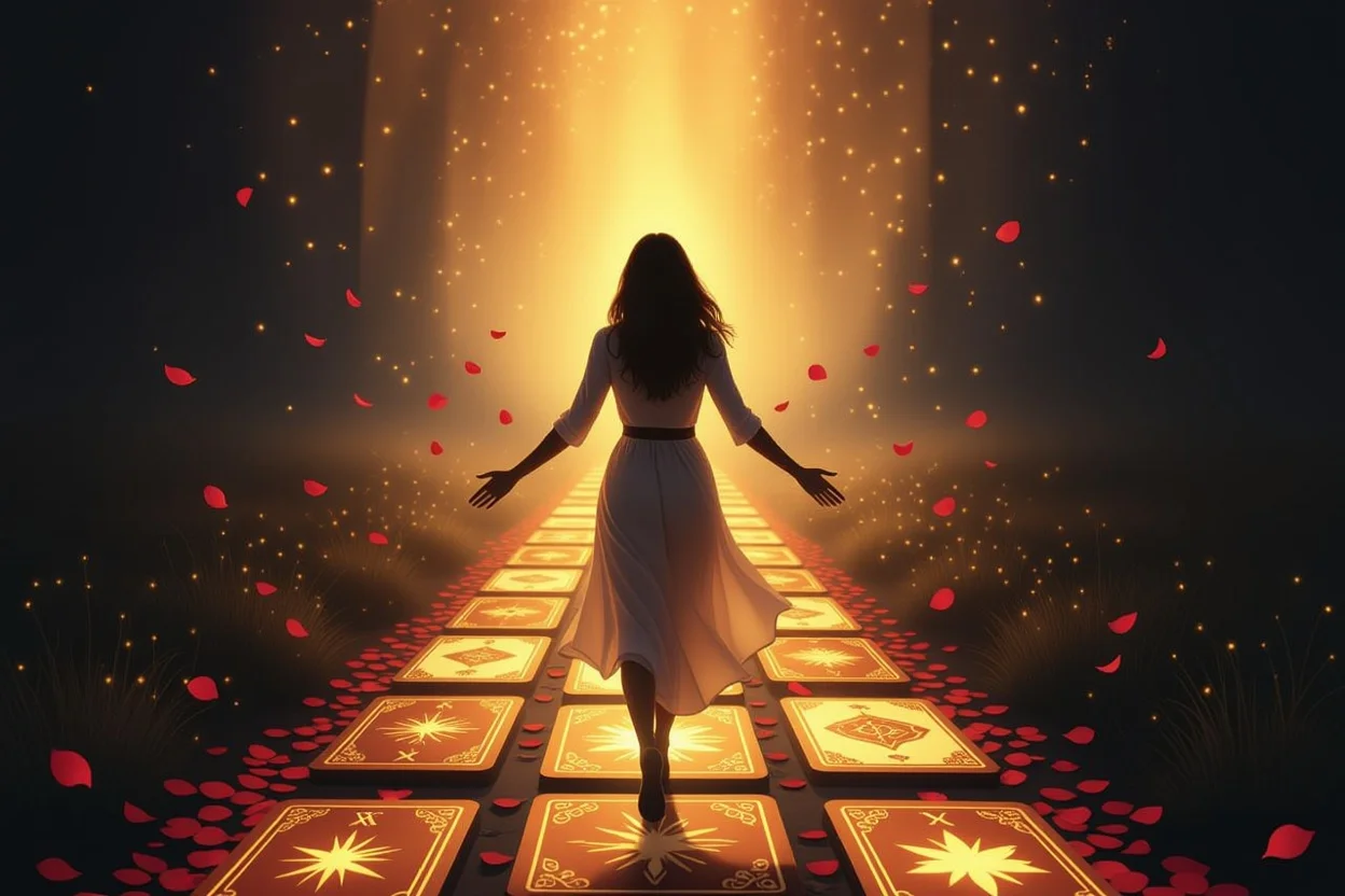 未来に向かって歩き出す女性とタロットカードの道