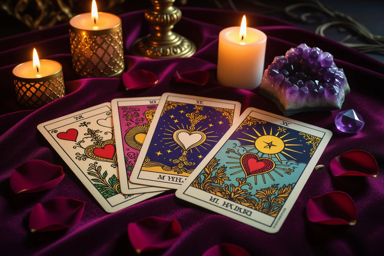 恋愛タロットカードと神秘的な雰囲気のキャンドルライト