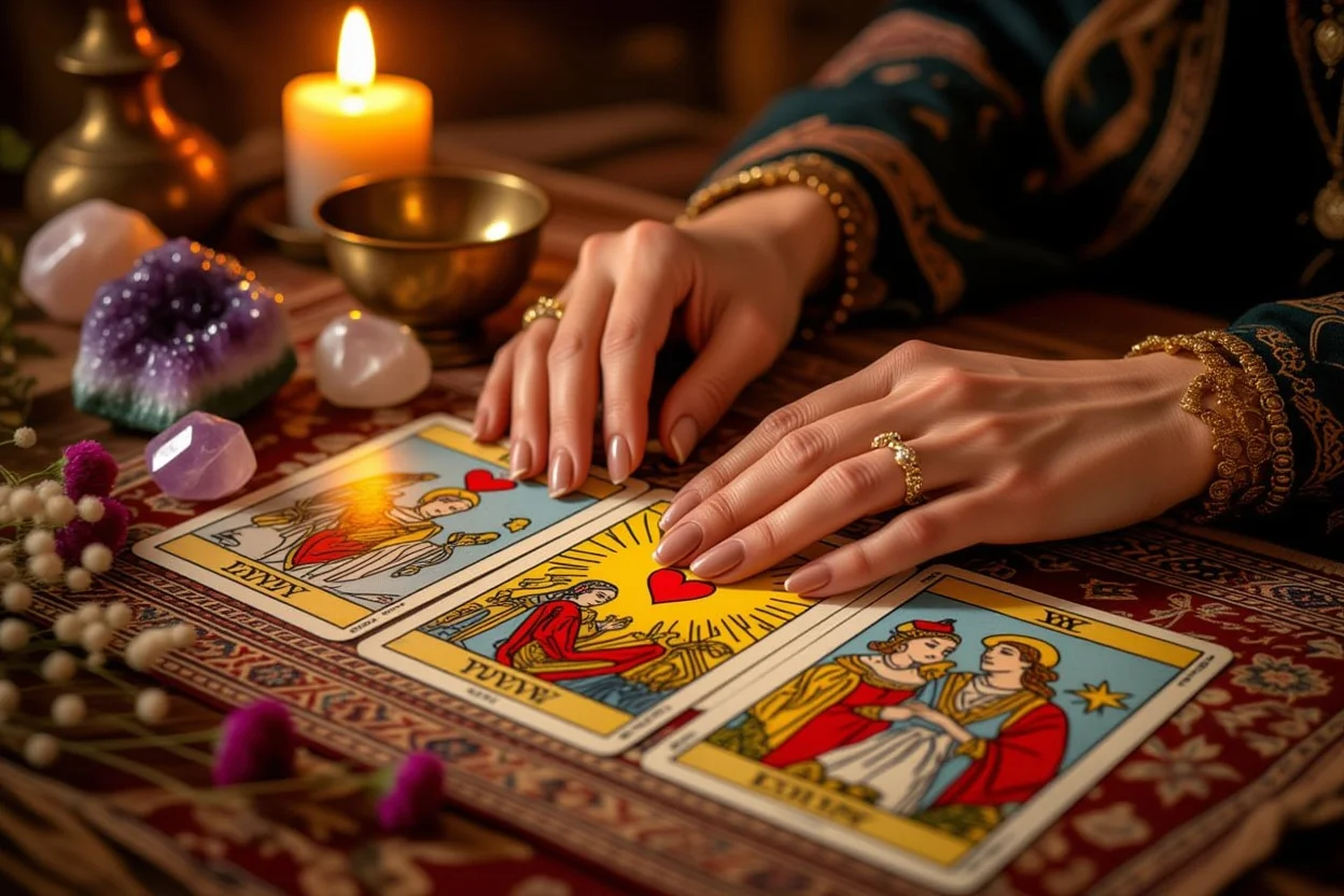 恋愛タロット占いを行うタロットリーダーの手と神秘的な雰囲気