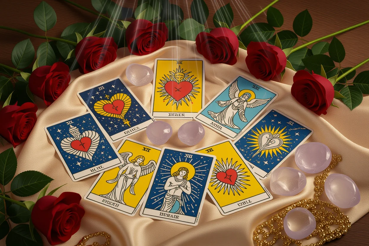 恋愛と心理を表すタロットカードの神秘的なアレンジメント