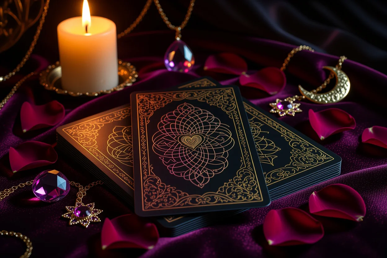 恋愛タロットカードの神秘的なスプレッド、キャンドルライトと薔薇の花びらで飾られた占いのシーン