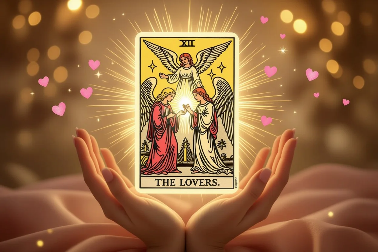 恋人たちのタロットカード、天使の祝福と神聖な光に包まれた運命の愛を象徴するイメージ