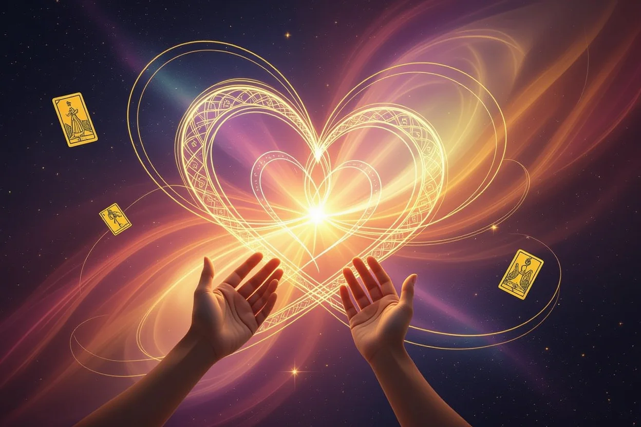 運命の糸と希望の光、恋愛における魂の繋がりを表現した神秘的でスピリチュアルなアート