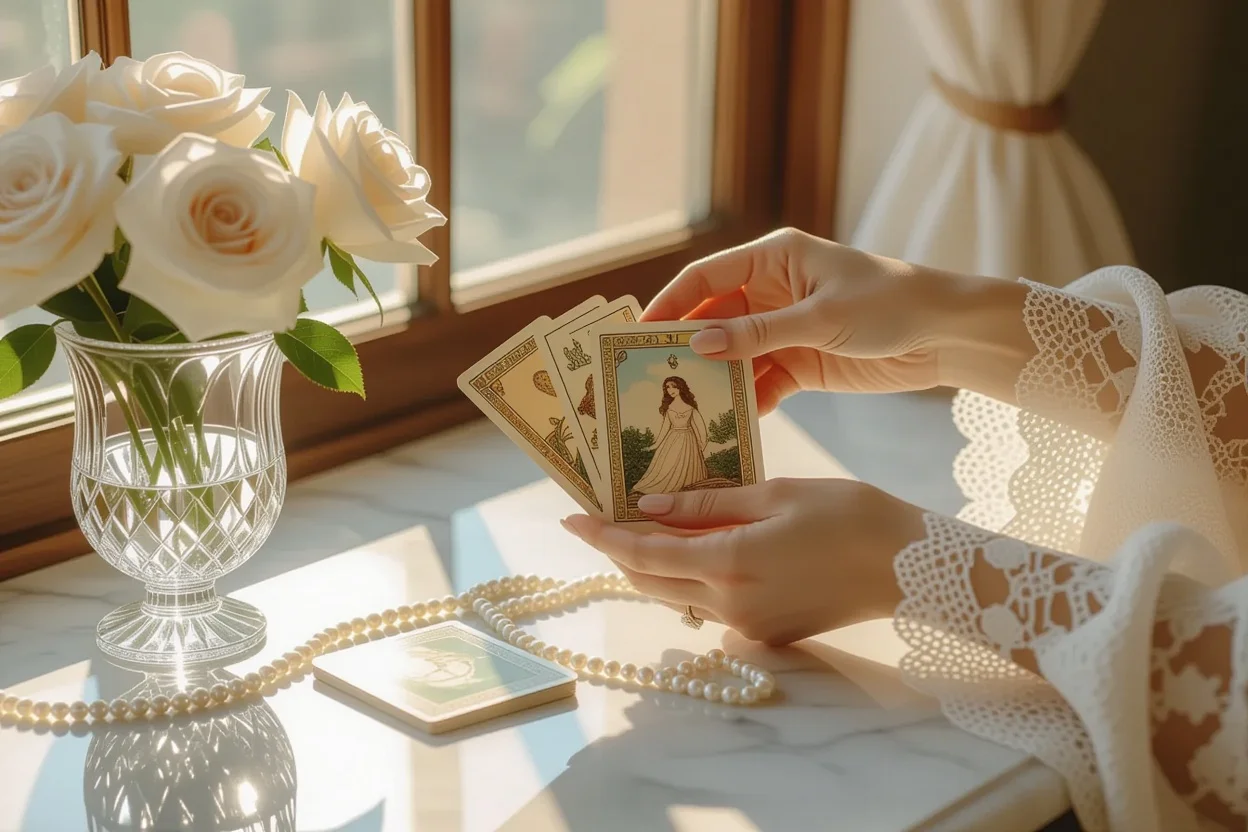 タロットカードを優しく持つ女性の手、希望に満ちた恋愛占いと自己発見のイメージ
