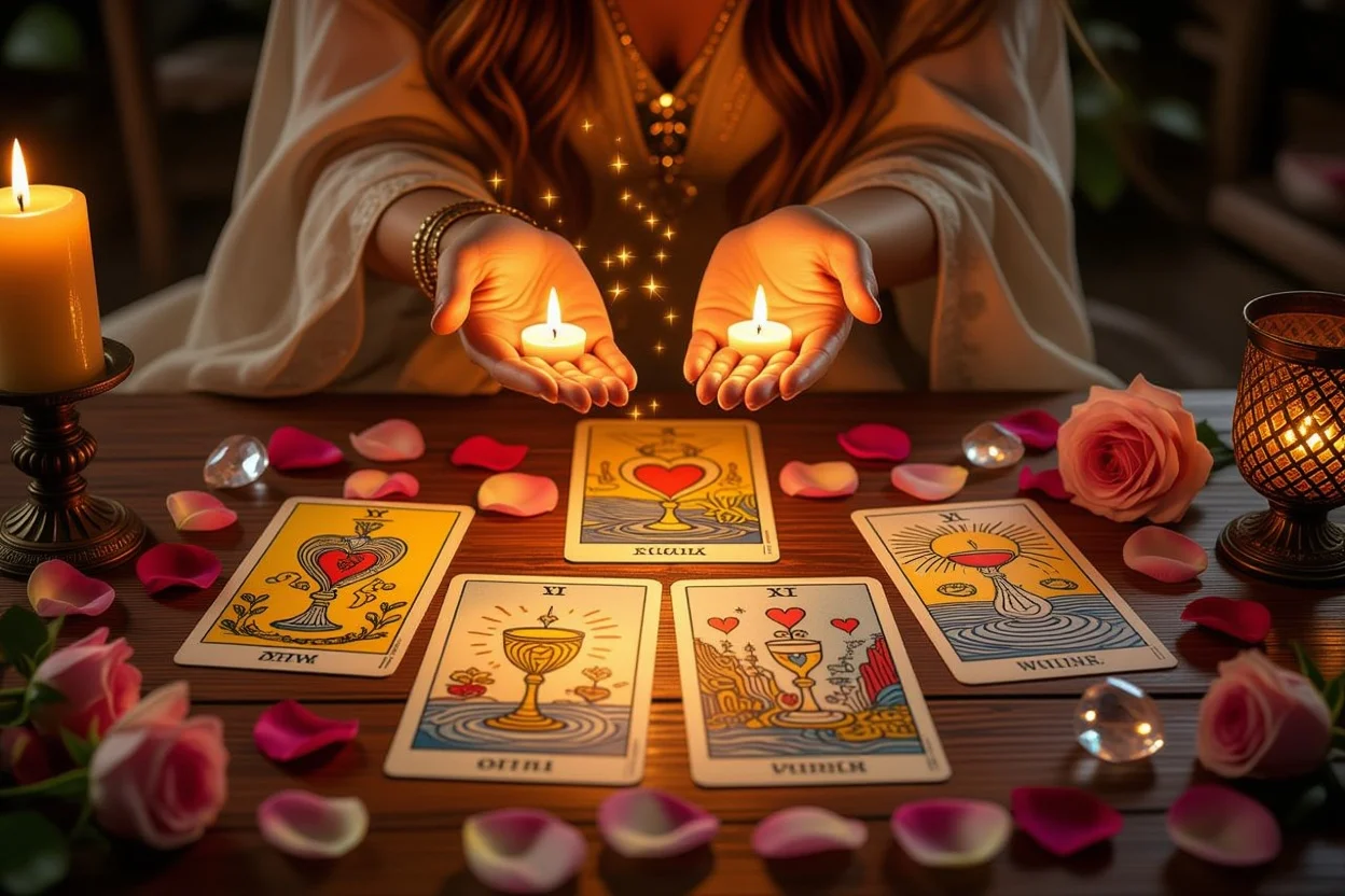 恋愛タロット・カップのカードで自分の心を読み解く女性のイメージ
