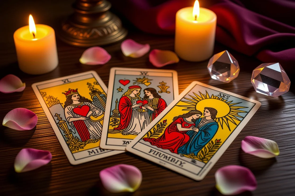 恋愛タロット占いのカードリーディング風景、ろうそくの光とバラの花びら