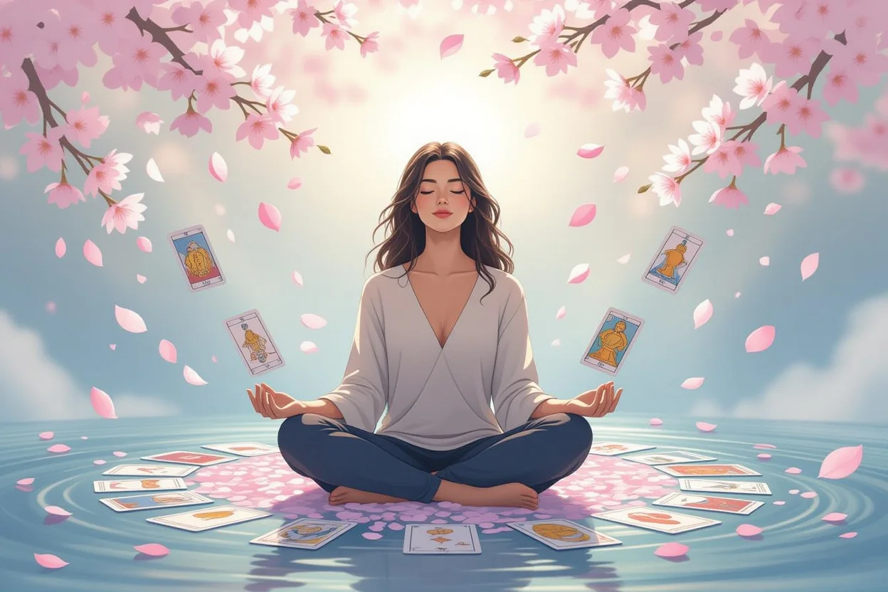 タロットカードに囲まれた瞑想と自己受容のスピリチュアルなシーン