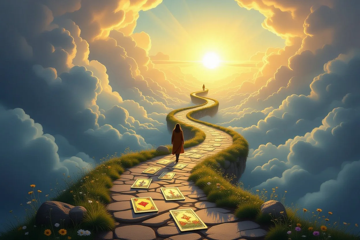 タロットの導きで恋愛の迷いから真の幸せへの道のりを表現した希望的なイメージ