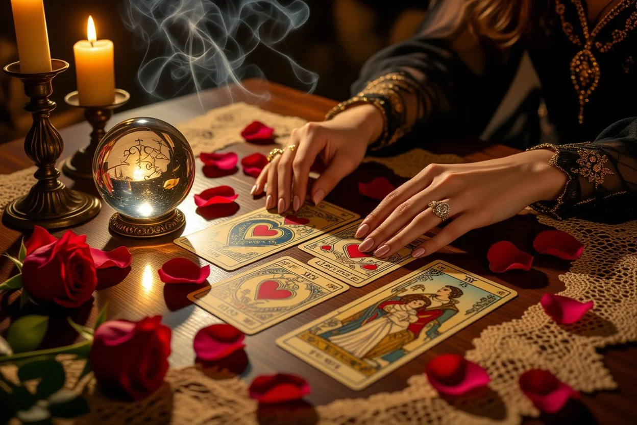 恋愛タロット占いのカードを広げる神秘的なシーン