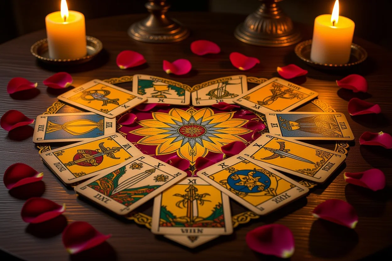 恋愛タロット占いのマイナーアルカナカードが美しく配置された神秘的なスプレッド