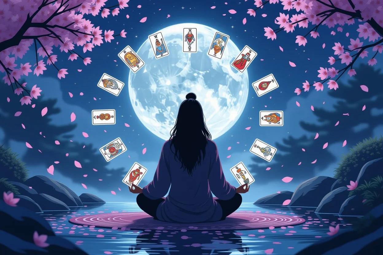 タロットカードに囲まれて自分の本当の気持ちと向き合う瞑想的な情景