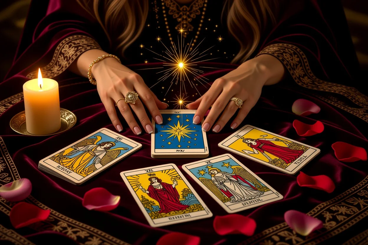 恋愛タロットカード占いの神秘的なリーディングシーン