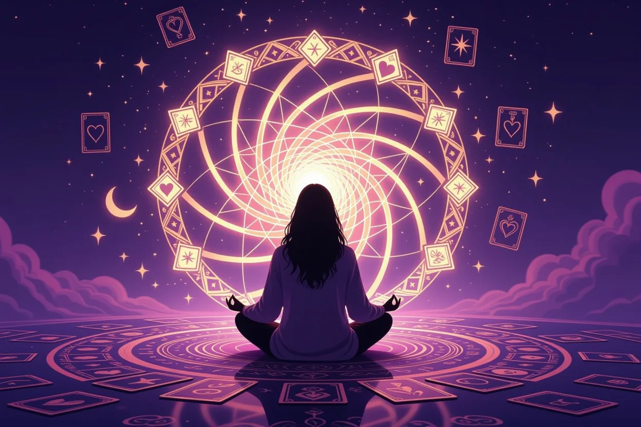 タロットを通じた自己発見と魂の成長を表現する瞑想シーン