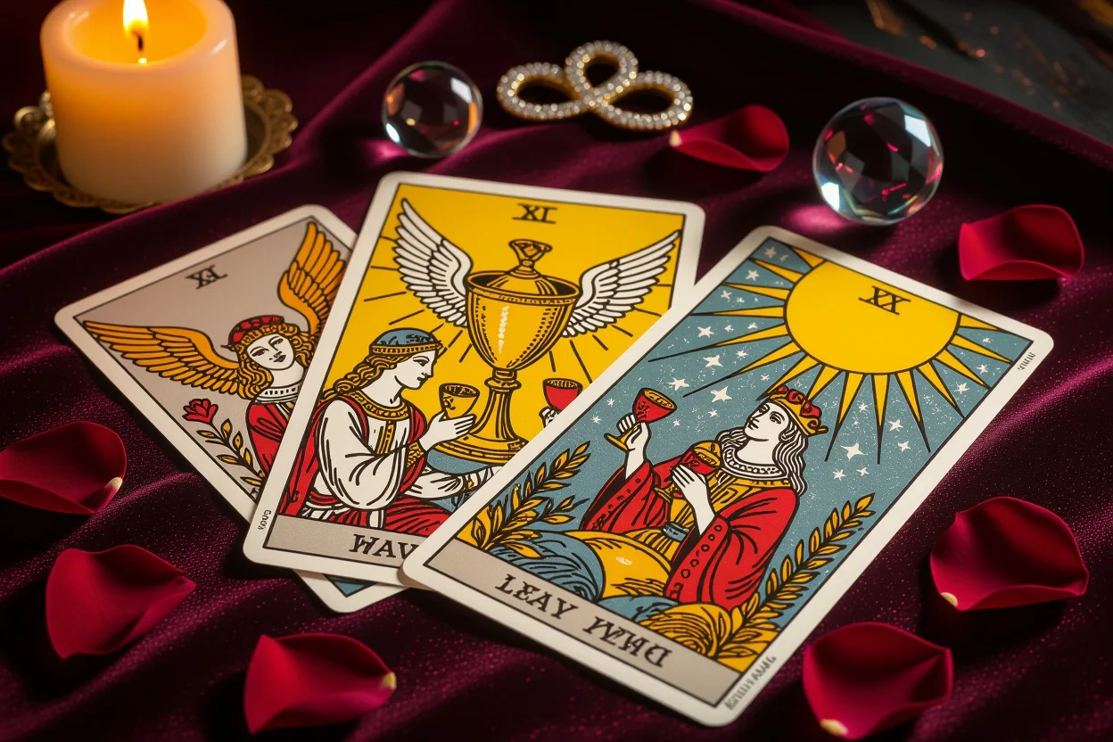 恋愛タロットカード占いの神秘的なシーン、ろうそくの光とカップの2のカード
