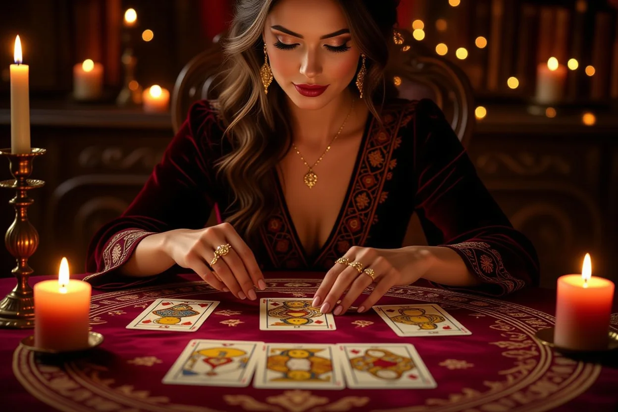 優雅な女性による恋愛タロット占い、神秘的な雰囲気の中でカードを読む様子