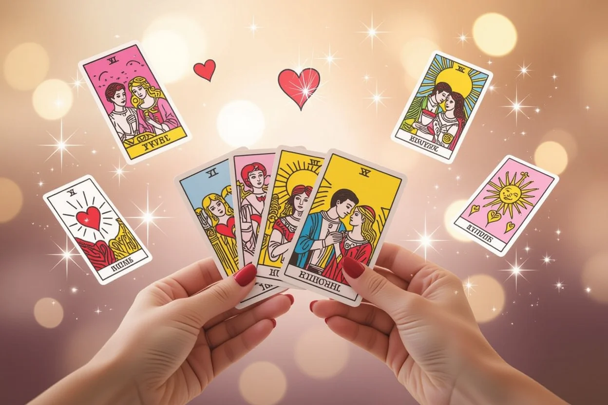 恋愛運を占うタロットカードの魔法的な瞬間、空中に浮かぶカードと神秘的な光