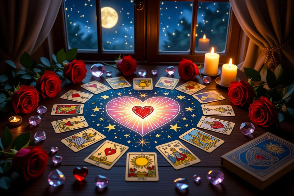 月光に照らされたハート型の恋愛タロット占いスプレッド、ロマンチックで神秘的な雰囲気