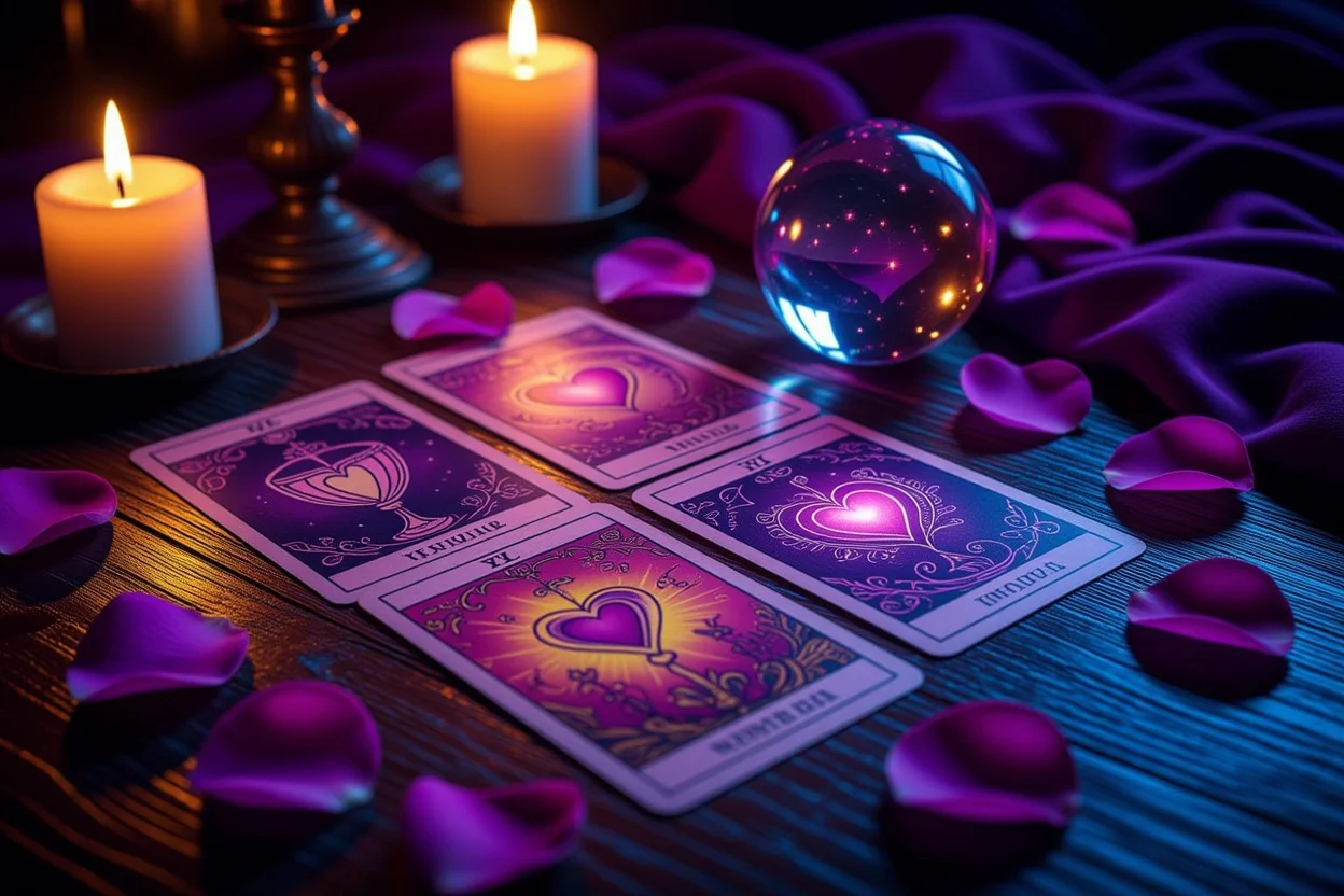 恋愛タロットカードスプレッドと薔薇の花びら、キャンドルライトで照らされた神秘的な占いテーブル