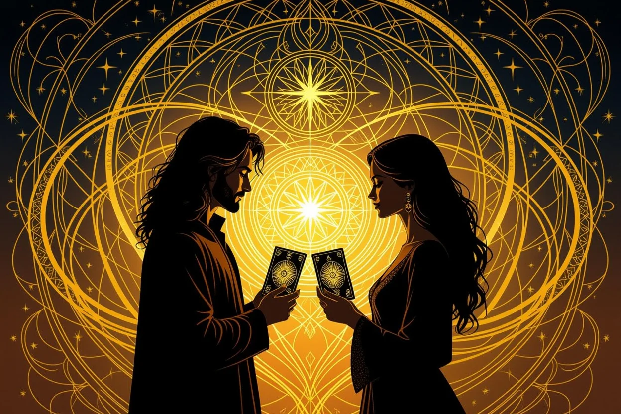 タロットカードで結ばれた二人のシルエットと神秘的な光のエネルギー、恋愛の深層心理を表現