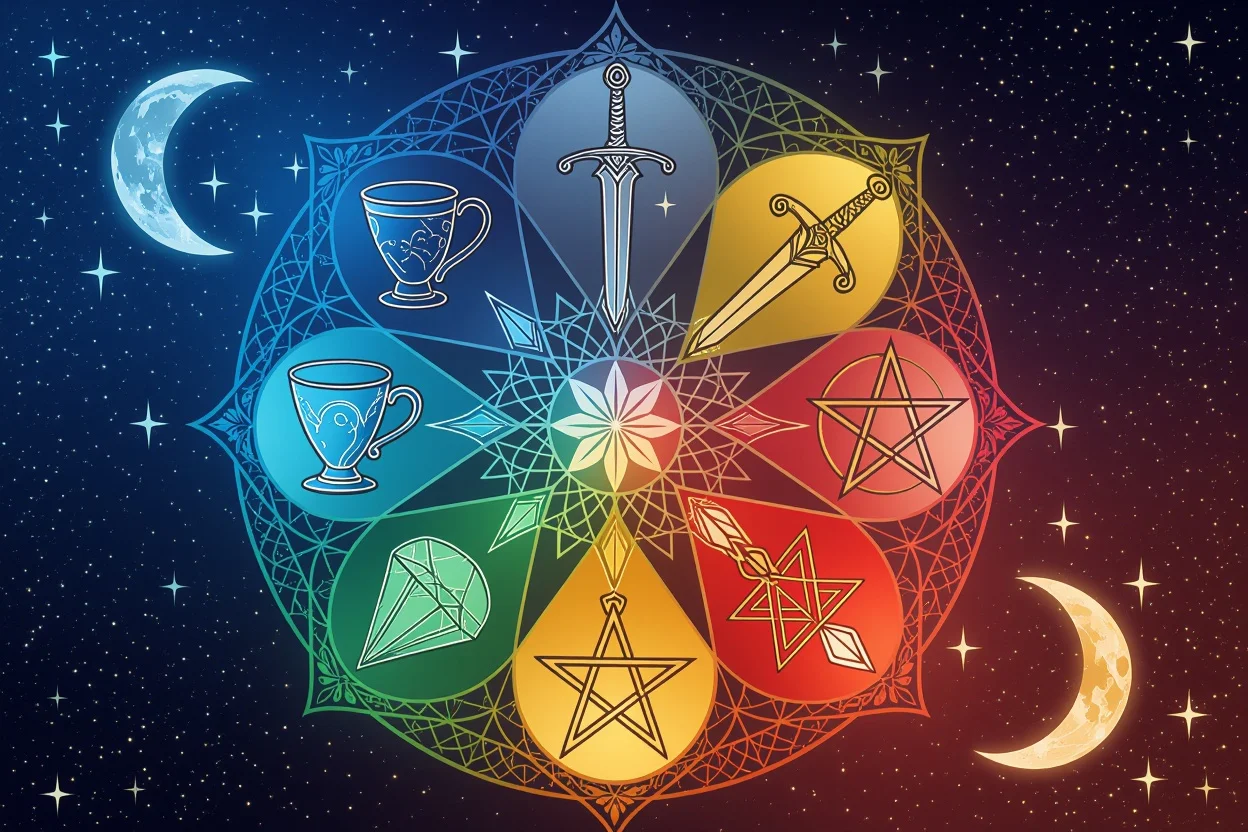 タロットの四大スート（カップ、ソード、ペンタクル、ワンド）が美しく配置された宇宙的なマンダラデザイン