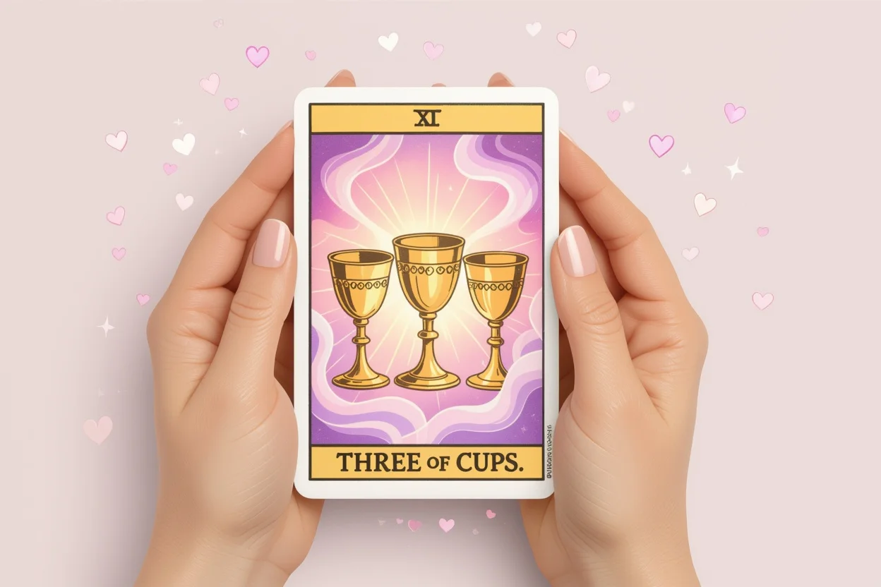カップの3のタロットカードを持つ手と金色の聖杯、恋愛関係の感情的なつながりを象徴する神秘的な光
