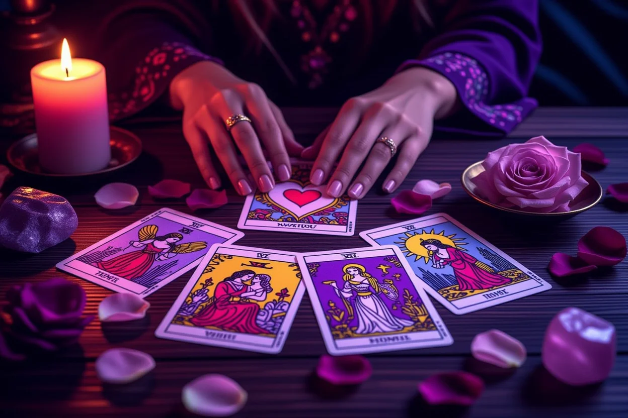 恋愛タロット占いのリーディング風景、キャンドルの光に照らされたカード
