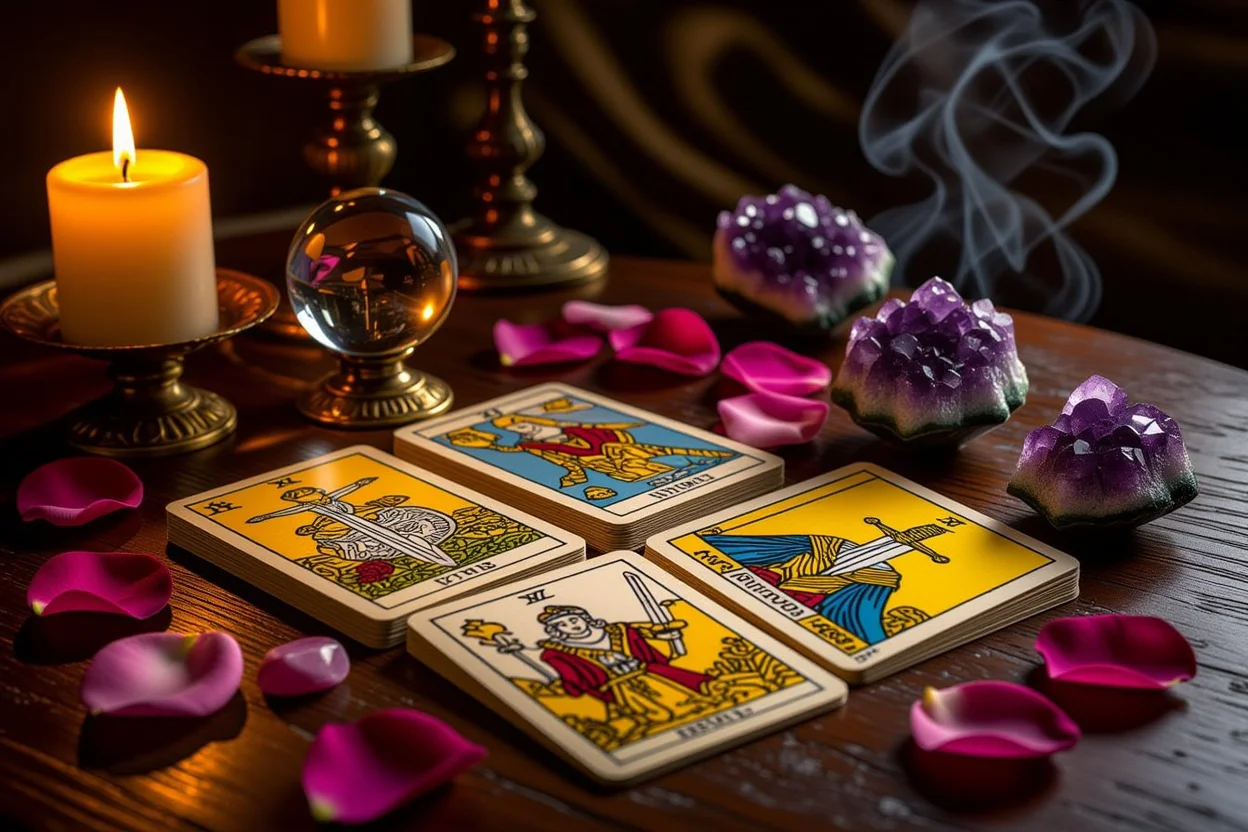 恋愛タロット占いのマイナーアルカナカードが並ぶ神秘的なテーブル