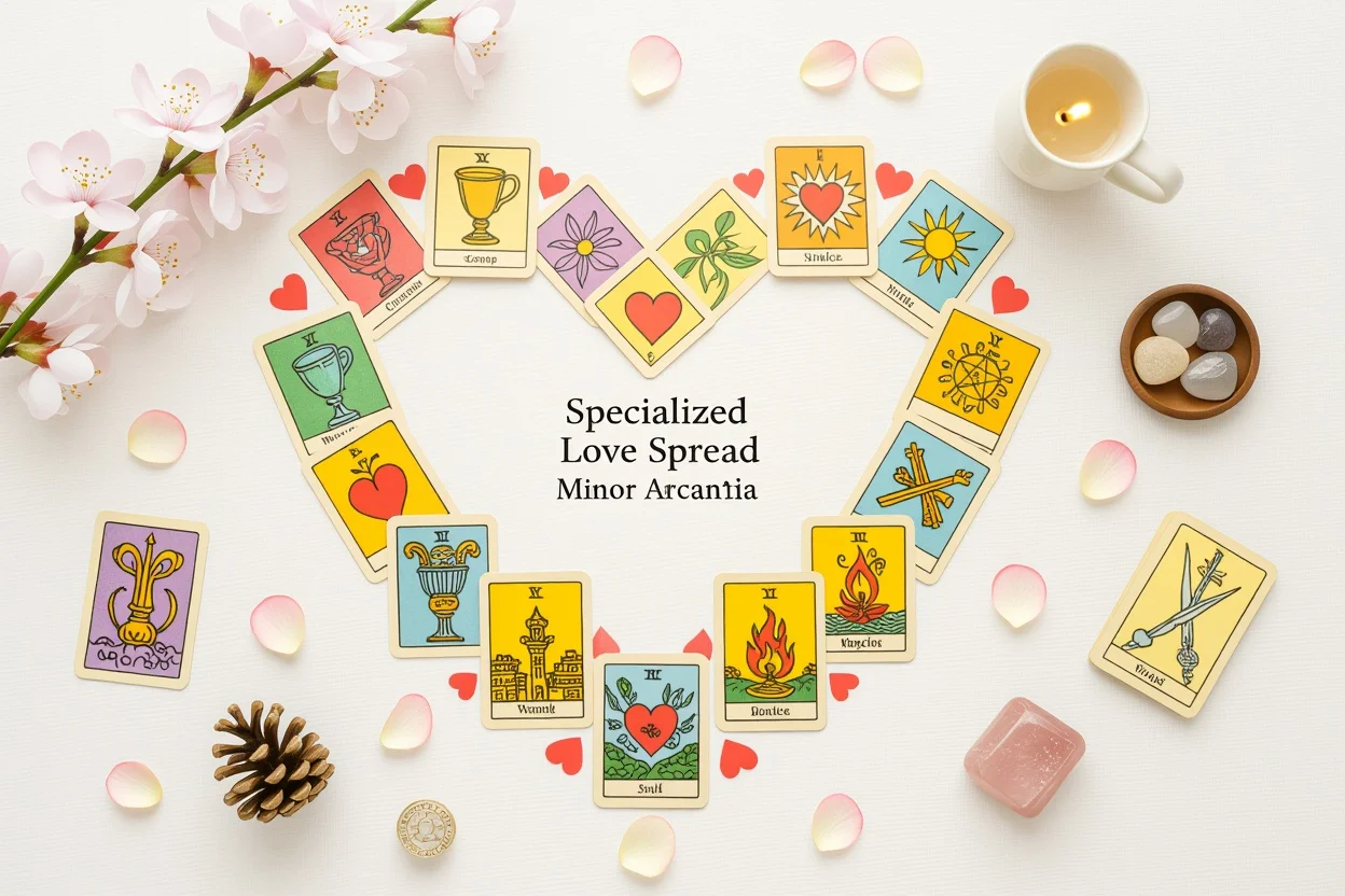 ハート型に配置された恋愛専門のマイナーアルカナタロットスプレッド