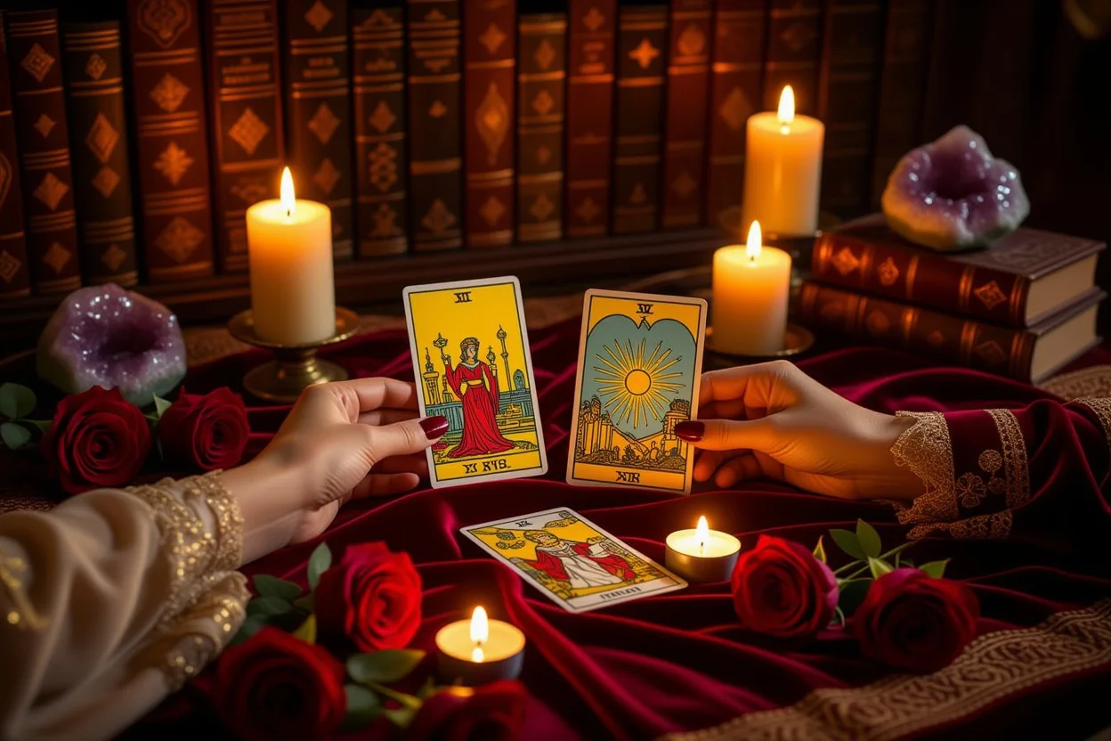 恋愛関係の深層を読み解くタロット占いセッション、スピリチュアルな雰囲気