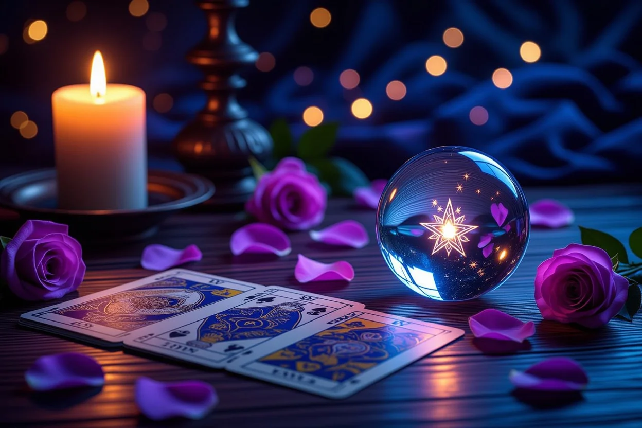 恋愛タロット占いのマイナーアルカナカードと神秘的な雰囲気の画像