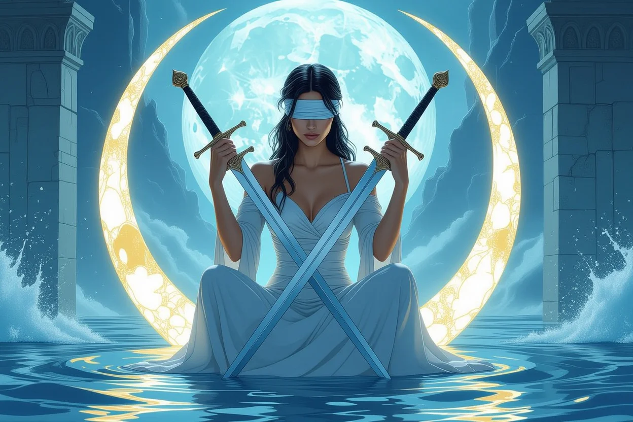 ソードの2タロットカードと心理的な決断の壁を表現したイラスト