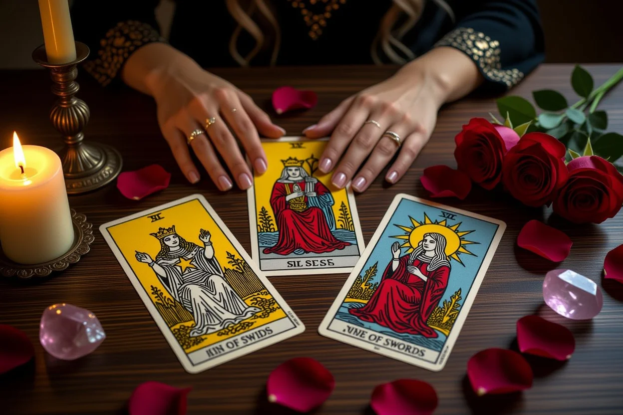 恋愛タロット占いで困難なカードが出た時の深層心理を表す神秘的なタロットリーディングシーン