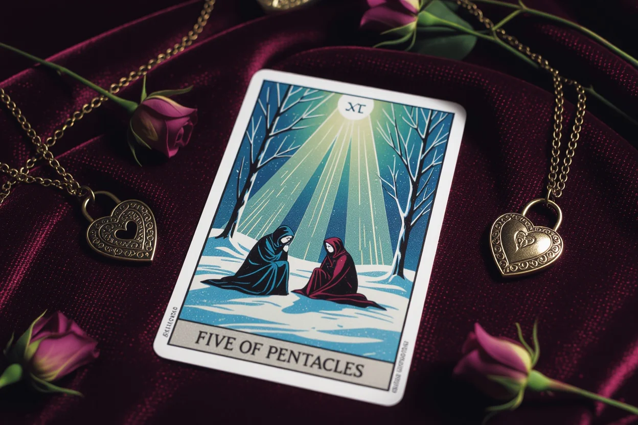 ペンタクルの5のタロットカードが示す恋愛における孤立感と喪失感の象徴的イメージ