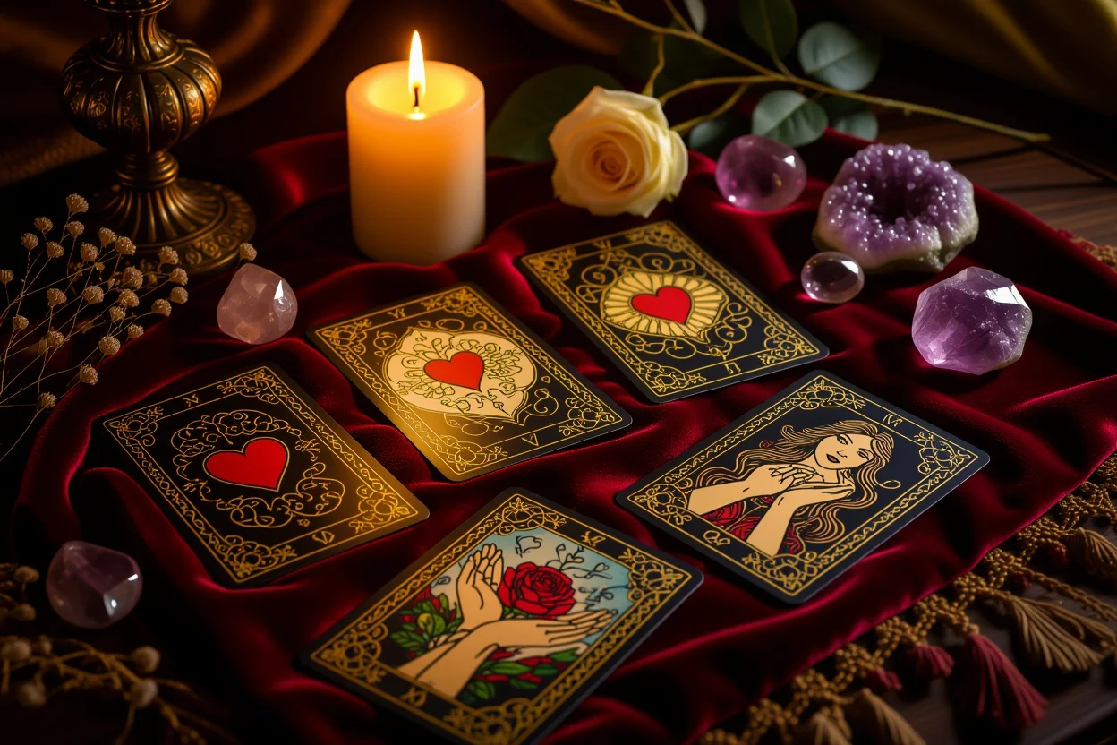 恋愛タロットカードで深層心理を読み解く神秘的な占いシーン