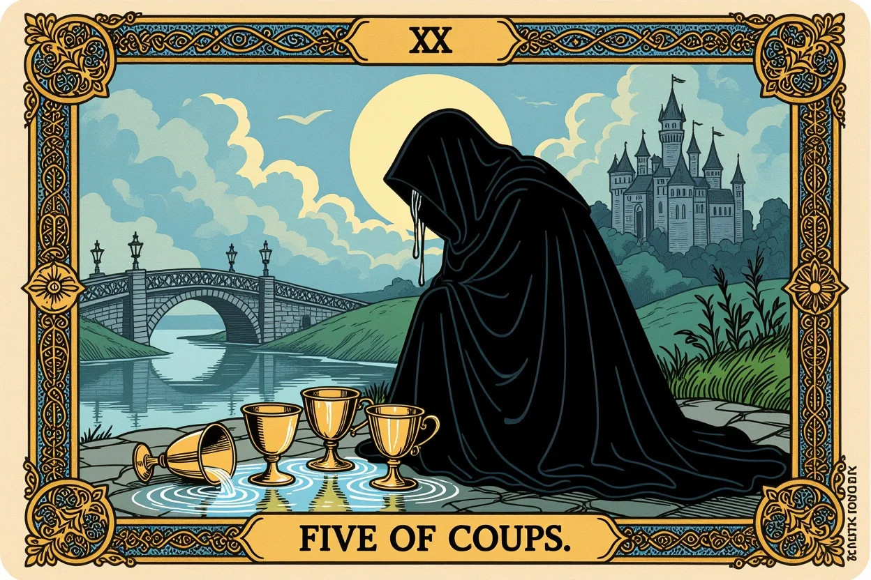 カップの5のタロットカード・喪失感と過去への執着を表す象徴的なイメージ