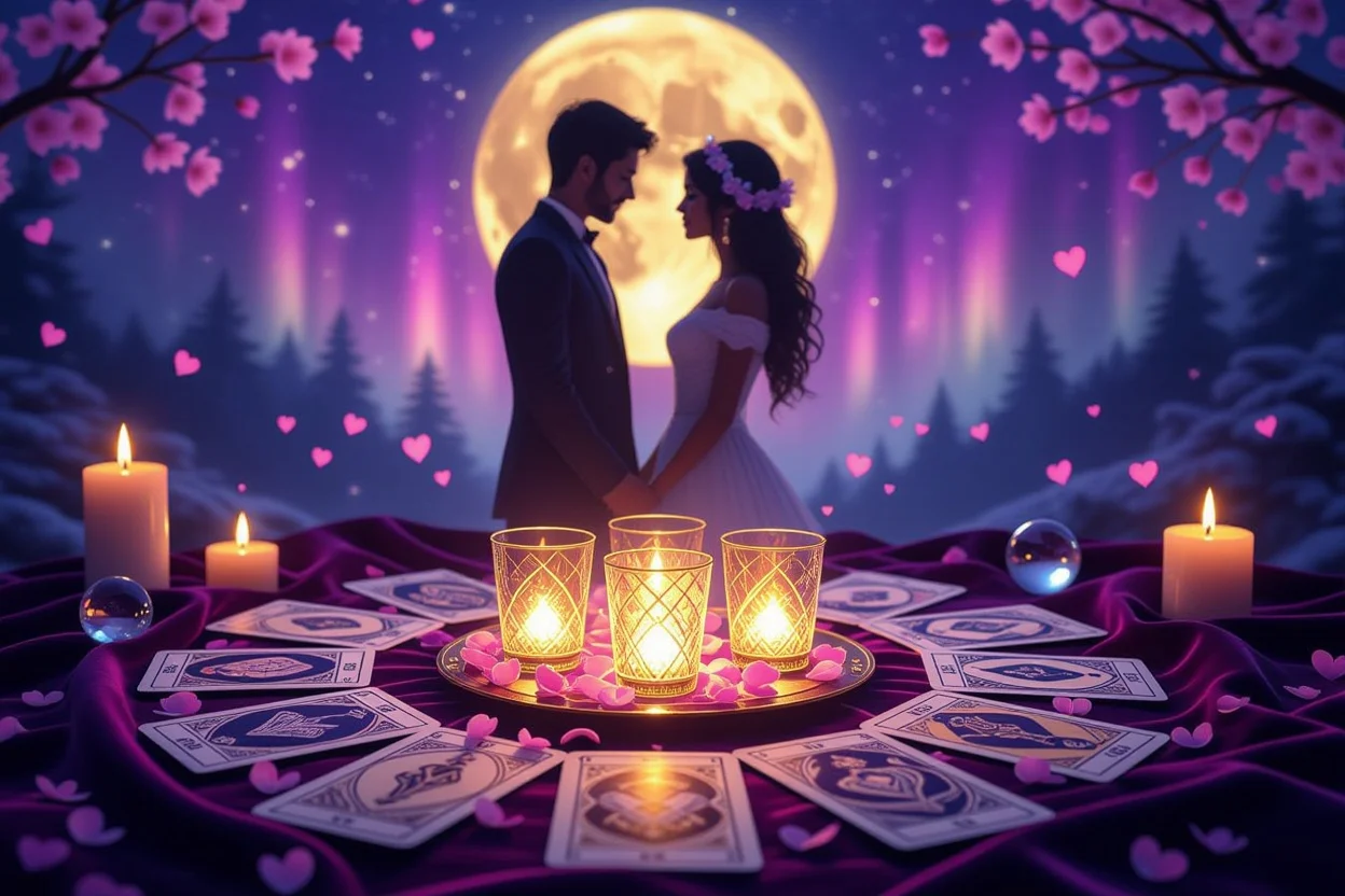 恋愛タロット占いのカップの3のカードと神秘的な雰囲気の画像