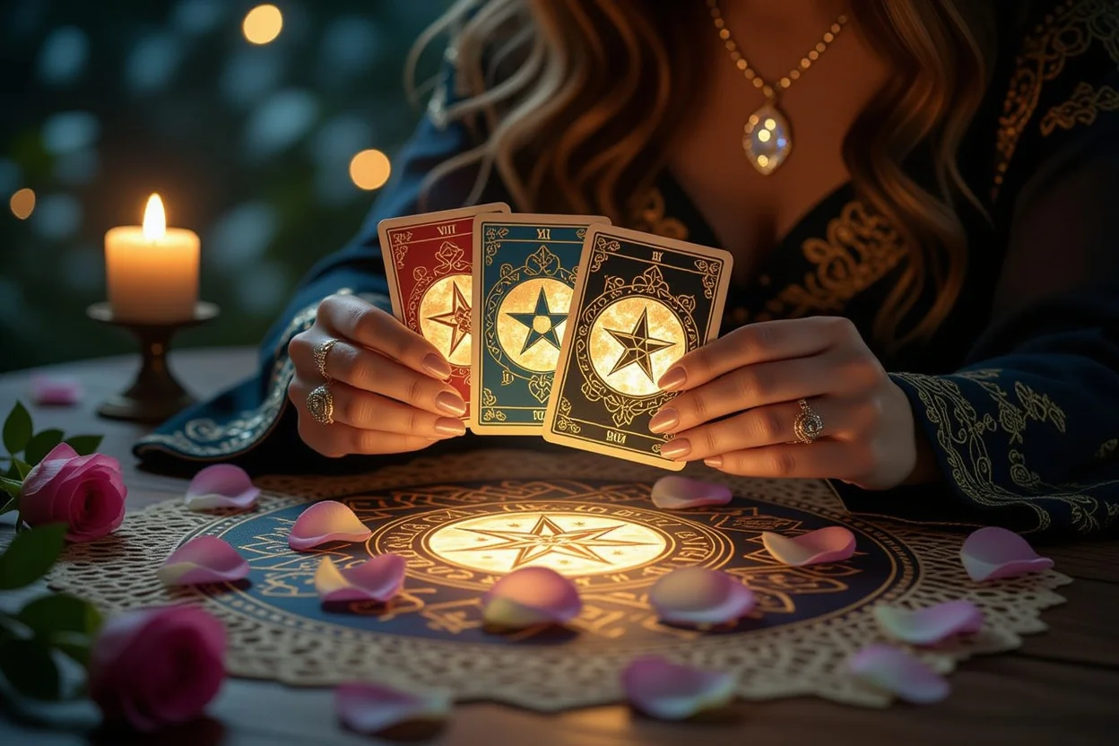 タロットカードの四大スートを使った恋愛占いの神秘的なシーン